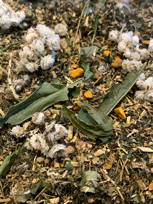 Respectgully gathered botanicals AllergEase Allergy Support tisane blend with pretty pearly everlasting flowers.