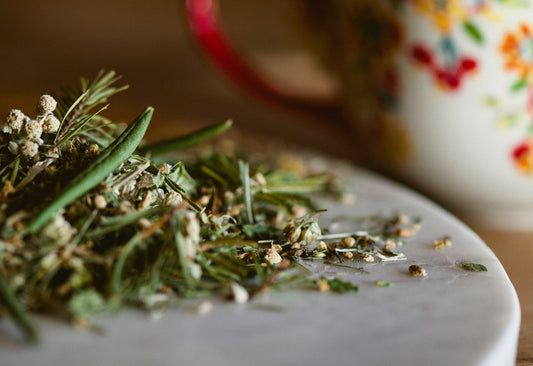 Cold and Flu Tisane a foraged with wild bough of botanical spread on a marble disk with a beautiful porcelaine cup with flower.