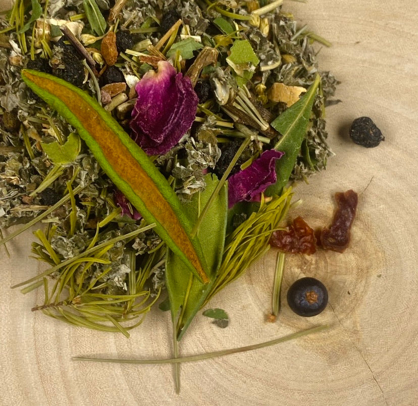 Cabin Tea Wild tisane made botanicals and foraged Fir, Sweet Gale, Pine, Fireweed Leaf, Kinnickinnick & Labrador Tea. 