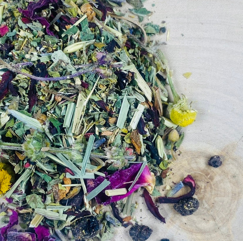 Close up Carefree Tisane picture made with hibiscus, lemongrass, chamomile and  rose petals.