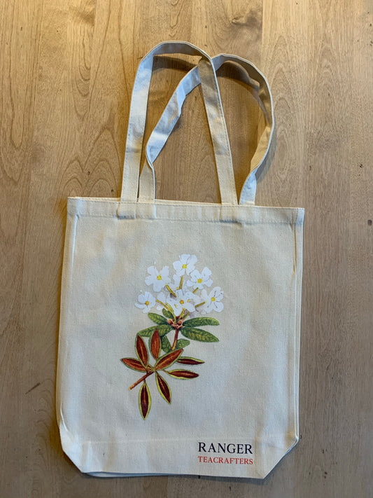 Bag laying on a wood plank, with a  labrador tea pretty painting.