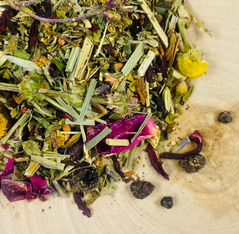 Carefree Tisane looking delicious with lots of bright herbs and flower.